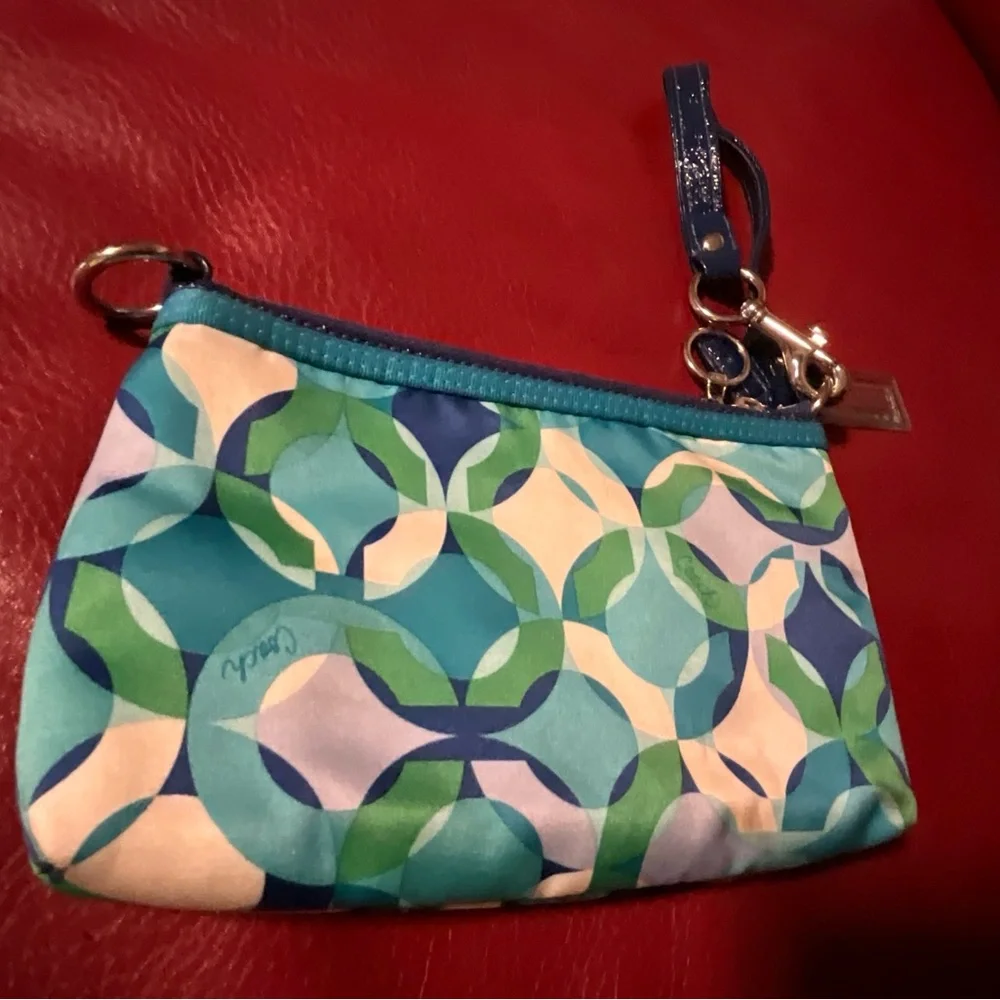 Coach Poppy Blue and Green Patterned Satin Wristlet - Picture 4 of 9